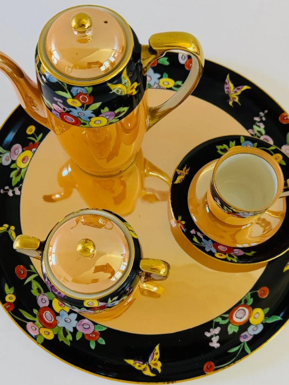 Noritake M Vintage Japan Lusterware  Floral Butterfly 7 Pieces Coffee Set